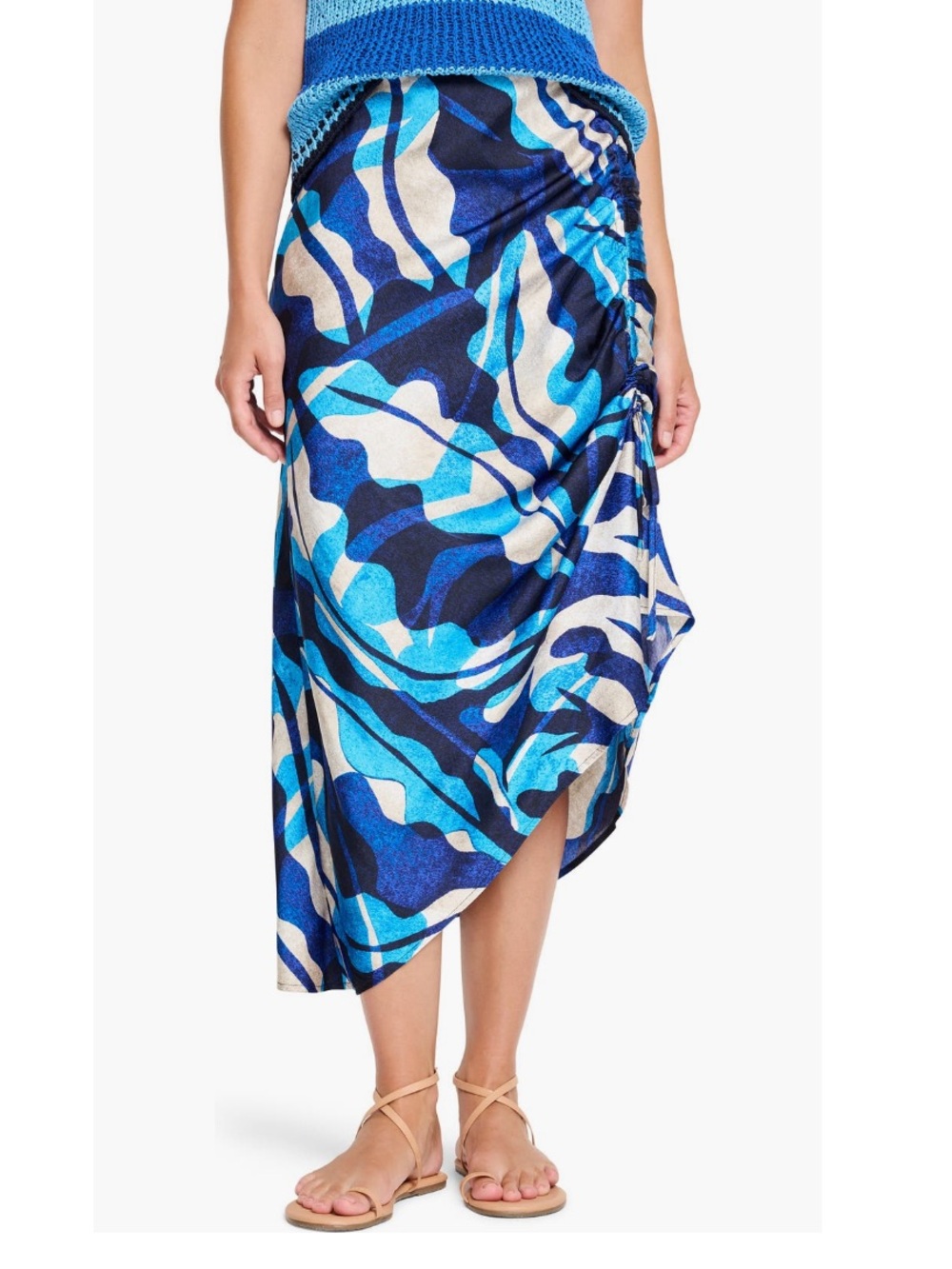 NIC+ZOE Aqua Surf Side Ruche Skirt Blue Multi Asymmetrical Midi Small